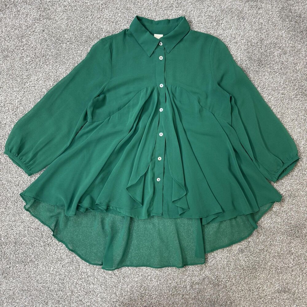 Anthropologie Blouse Womens Small Green High Low Sheer Chiffon Flowy Tunic Top